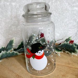 Vintage Holiday Glass Lidded Snowman Jar/Canister